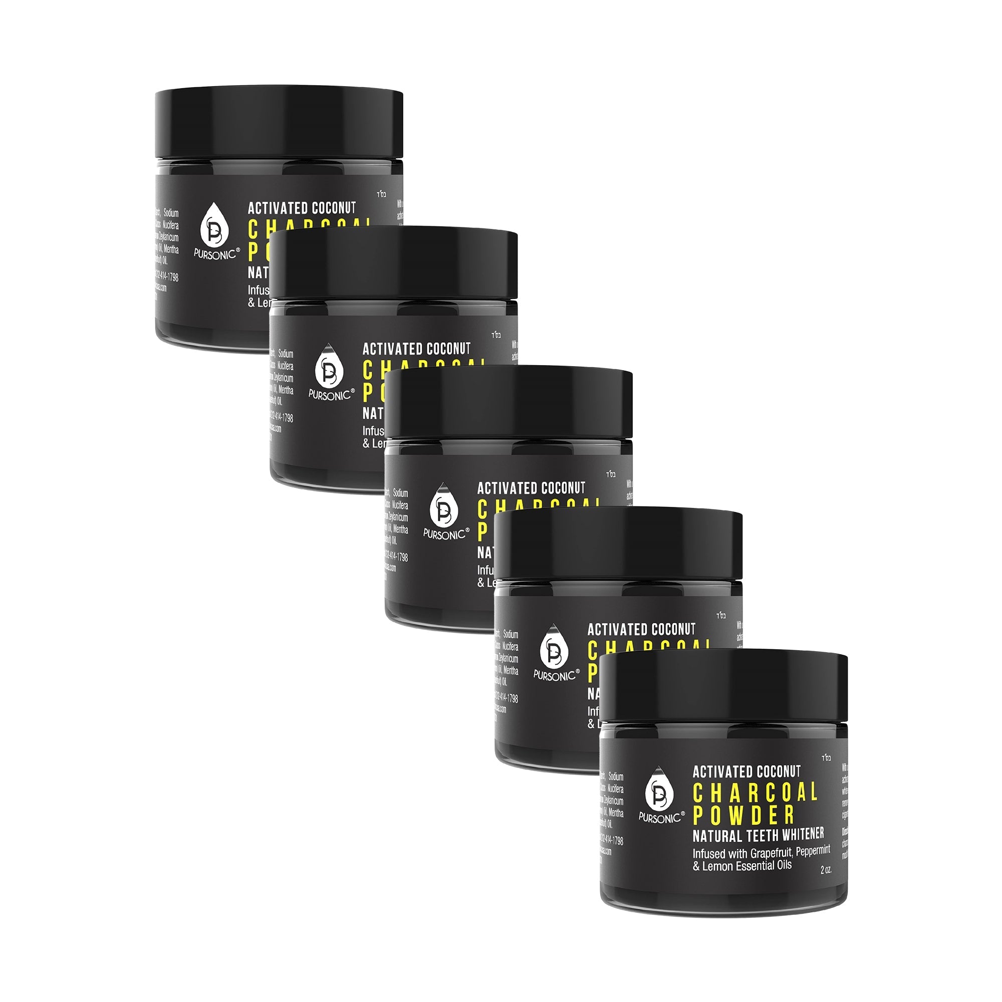 Pursonic Teeth Whitening Charcoal Powder Natural 5-Pack - Infused With Grapefruit, Peppermint & Lemon Essential Oils