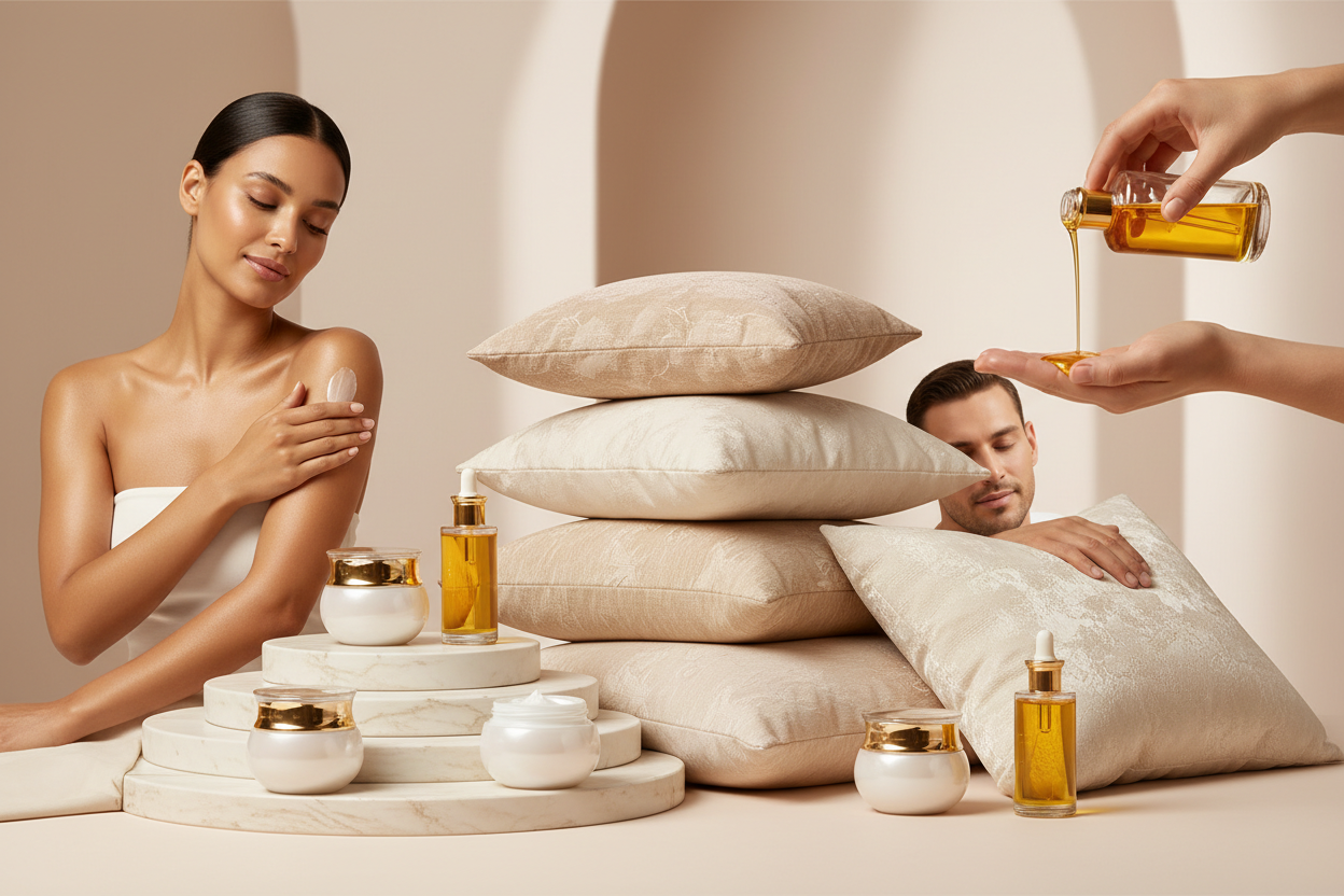 generate me a professional banner for my store selling skin care product body creame,pillow and body oil no text needed